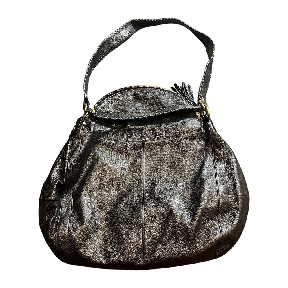 Onna Ehrlich Hobo Bag Large Black Pebbled Leather Tassel Whipstitch Slouchy